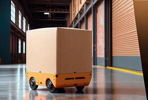 Robot AGV transporting cardboard box in warehouse background. Technology innovation and delivery concept. photo