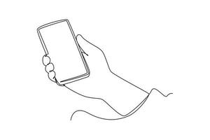 Continuous one line drawing Happy people showing mobile phone screens. Holding smartphone. Smartphone concept. Single line draw design vector graphic illustration.