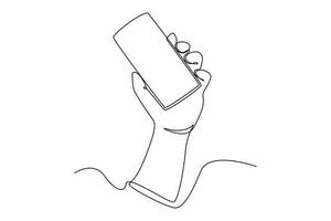 Continuous one line drawing Happy people showing mobile phone screens. Holding smartphone. Smartphone concept. Single line draw design vector graphic illustration.