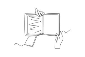Continuous one line drawing top view of hands reading a book gesture. Book lovers concept. Single line draw design vector graphic illustration.