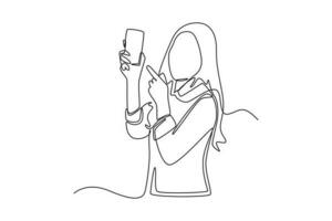 Continuous one line drawing Happy people showing mobile phone screens. Holding smartphone. Smartphone concept. Single line draw design vector graphic illustration.