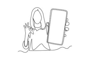 Continuous one line drawing Happy people showing mobile phone screens. Holding smartphone. Smartphone concept. Single line draw design vector graphic illustration.