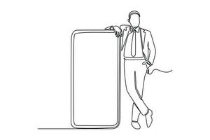 Continuous one line drawing Happy people showing mobile phone screens. Holding smartphone. Smartphone concept. Single line draw design vector graphic illustration.