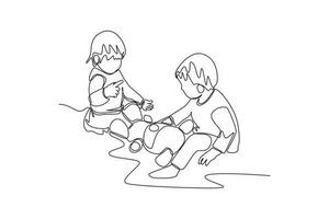 Single one line drawing happy toddler kids playing with toy. Educational games kids concept. Continuous line draw design graphic vector illustration.