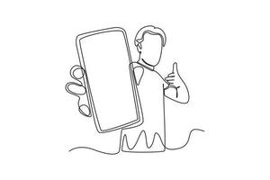 Continuous one line drawing Happy people showing mobile phone screens. Holding smartphone. Smartphone concept. Single line draw design vector graphic illustration.