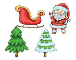 Hand drawn Santa, Christmas trees and sleigh vector illustration decorative items for Christmas