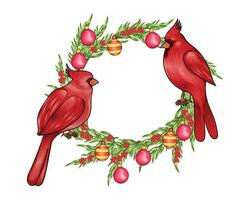 Christmas wreath illustration with cute couple bird vector