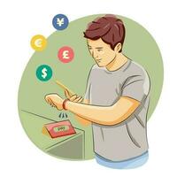 Man transaction using smartwatch multi currency pay by online vector