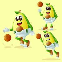 linda aguacate caracteres jugando baloncesto vector