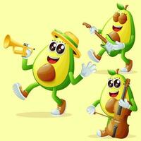 Cute avocado characters playing musical instruments vector