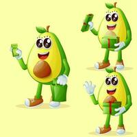 Cute avocado characters receiving gifts vector
