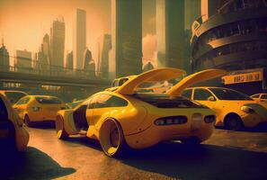 Futuristic yellow taxi among big cities and skyscrapers. Transportation and Innovation technology concept. photo
