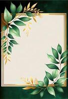 Green leaves with golden frame template and copy space for greeting wedding card and advertising concept art. photo