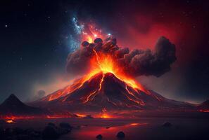 The volcano erupted with hot lava and black smoke covering the sky. Nature and disaster concept. photo