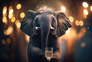 Happy baby elephant holding toasted wine glass in party and golden bokeh light background. Animal and wildlife concept. Digital art illustration. photo