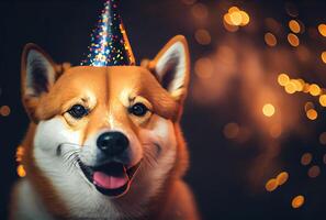 contento shiba inu perro en fiesta con bokeh ligero antecedentes. animal y mascota concepto. generativo ai foto