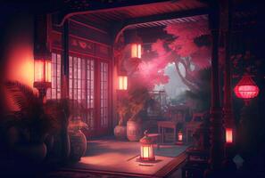 In side of Chinese palace interior corridor decorating with Paper Chinese lanterns background. Interior and architecture concept. photo