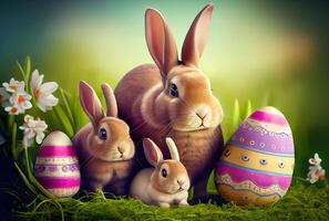 Rabbits family in the nest with many colorful Easter eggs for Happy Easter Day Greeting card background. Animal and pet concept. photo