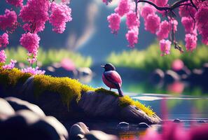 Spring landscape with the bird background. Beauty in Nature and springtime concept. Digital art illustration. photo