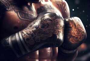 Closeup of boxer in boxing gloves to punching and fighting to his opponent with sweat splashing. Sport tournament and match game concept. photo
