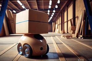 Robot AGV transporting cardboard box in warehouse background. Technology innovation and delivery concept. photo