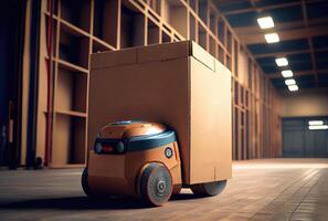 Robot AGV transporting cardboard box in warehouse background. Technology innovation and delivery concept. photo