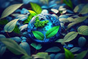 hermosa azul globo en el suelo con decorando en verano temporada antecedentes. belleza en naturaleza y mundo tierra día concepto. generativo ai foto