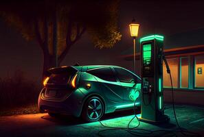 EV car with Electric charging station charger and blue glowing light stripe. Technology and transportation concept. photo