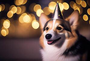 Happy Corgi dog in party with bokeh light background. Animal and pet concept. photo