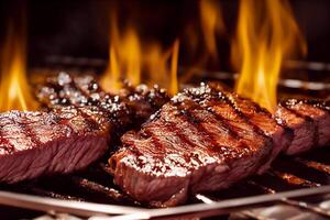 Grilled meat steak on stainless grill depot with flames on dark background. Food and cuisine concept. photo