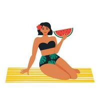Woman in a swimsuit with watermelon, sitting on a coverlet. Summer vacation, relaxation, recreation concept. Vector illustration in flat style