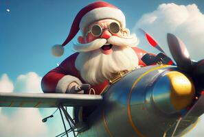 Papa Noel claus volador en un hélice avión encima el azul cielo y nublado antecedentes. alegre Navidad y contento nuevo año concepto. digital Arte ilustración. generativo ai foto