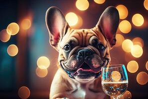 Happy French Bulldog dog with toasted wine glass in party and golden bokeh light background. Animal and pet concept. Digital art illustration. photo