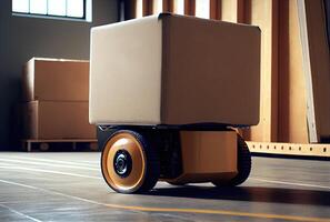 Robot AGV transporting cardboard box in warehouse background. Technology innovation and delivery concept. photo