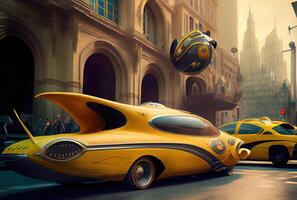 Futuristic yellow taxi among big cities and skyscrapers. Transportation and Innovation technology concept. photo