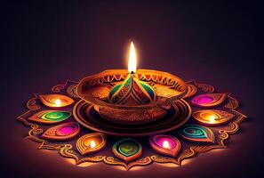 Diwali the festival of lights colorful lanterns with candlelight in the dark background. Holiday and culture concept. photo