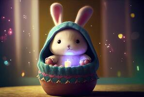 Cute rabbit bunny in the container. Magical fantasy concept. photo