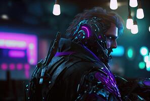 Reunion of men team squad in cyberpunk city. Sci-fi and Futuristics concept. photo