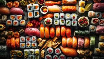 Top view of various Japanese Sushi on the dark black background. Food and cuisine concept. Nutrition and vitamin theme. photo