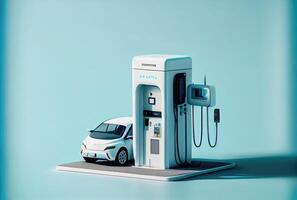 EV car with Electric charging station charger on build in wall at house. Technology and transportation concept. photo