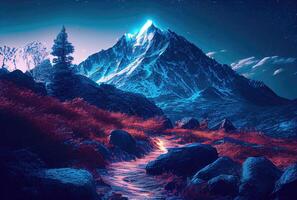 The glowing way to the blue mountain top fantasy illustration background. Business and Success concept. photo