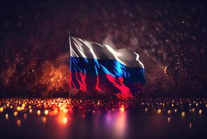 Russia flag with colorful shiny bokeh light background. Nation flag in the dark with illumination light. National day concept. photo