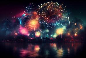 Fireworks festival in New year celebration event with city and ocean river or sea background. photo