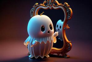 Cute spooky fabric ghost looking into the reflection mirror in Halloween party background. Funny character art concept. photo