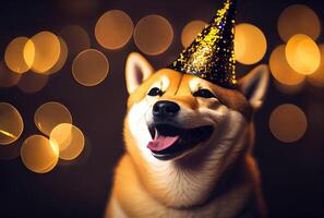 contento shiba inu perro en fiesta con bokeh ligero antecedentes. animal y mascota concepto. generativo ai foto