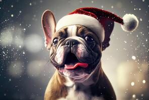 Happy French bulldog dog in Santa Claus costume and shiny bokeh background. Animal and Holiday concept. photo