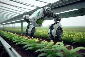 Robot farming harvesting agricultural products in greenhouse. Innovative futuristics technology and 5G smart farming concept. photo