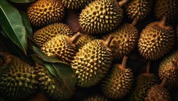 cerca arriba de Durian en oscuro negro antecedentes. Fresco Fruta y vegetal concepto. nutrición y vitamina tema. generativo ai foto