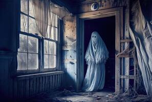 Spooky fabric ghost in the abandoned haunted house background. Halloween and horror concept. photo