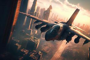 Fighter planes fly over the big city. Defensive military and world war concept. photo